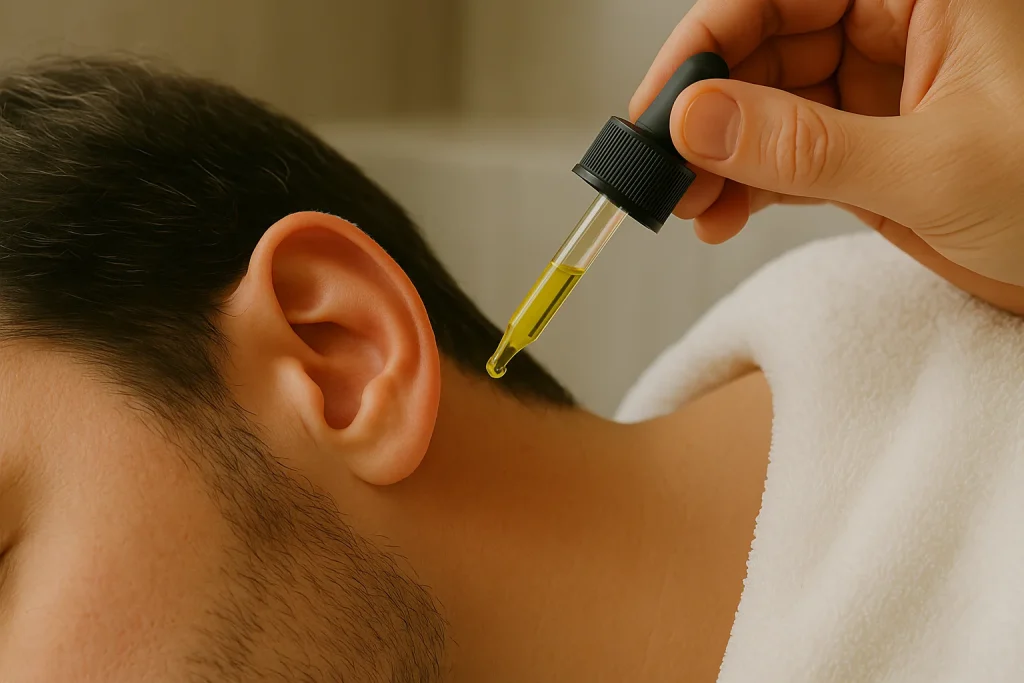 Persona aplicando gotas de aceite de oliva tibio en el oído con un gotero