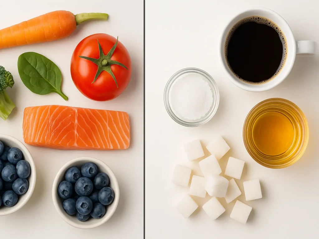 Comparación de alimentos buenos y malos para el tinnitus: vegetales y pescado vs. café, sal y azúcar