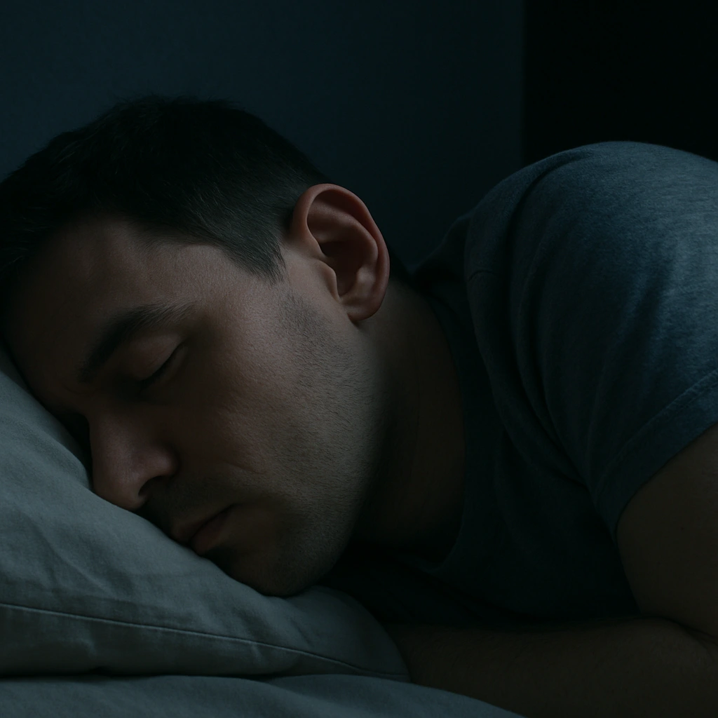 Hombre durmiendo de lado con el oído presionado contra la almohada