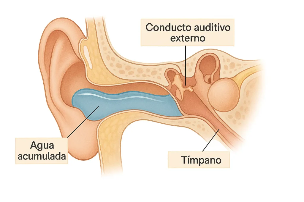 Ilustración médica del oído con agua acumulada en el conducto auditivo externo