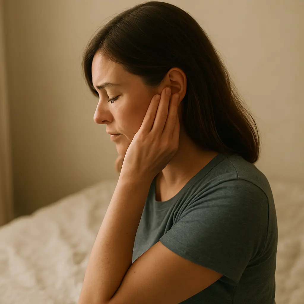 Mujer con expresión reflexiva tocándose el oído, representando dolor leve o molestia auditiva en ambiente hogareño
