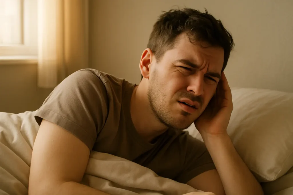 Hombre despertando con expresión de molestia y oído tapado