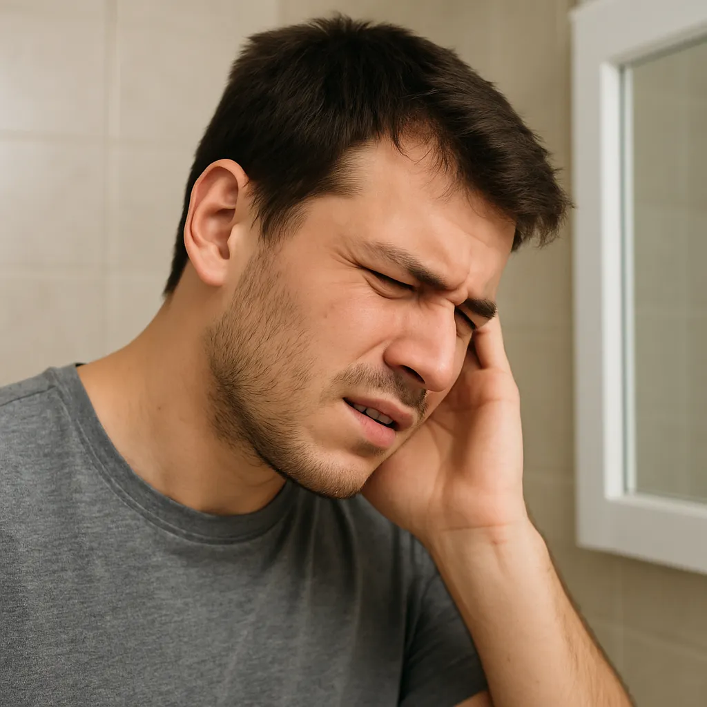 Hombre con el oído tapado por agua mostrando molestia en el baño