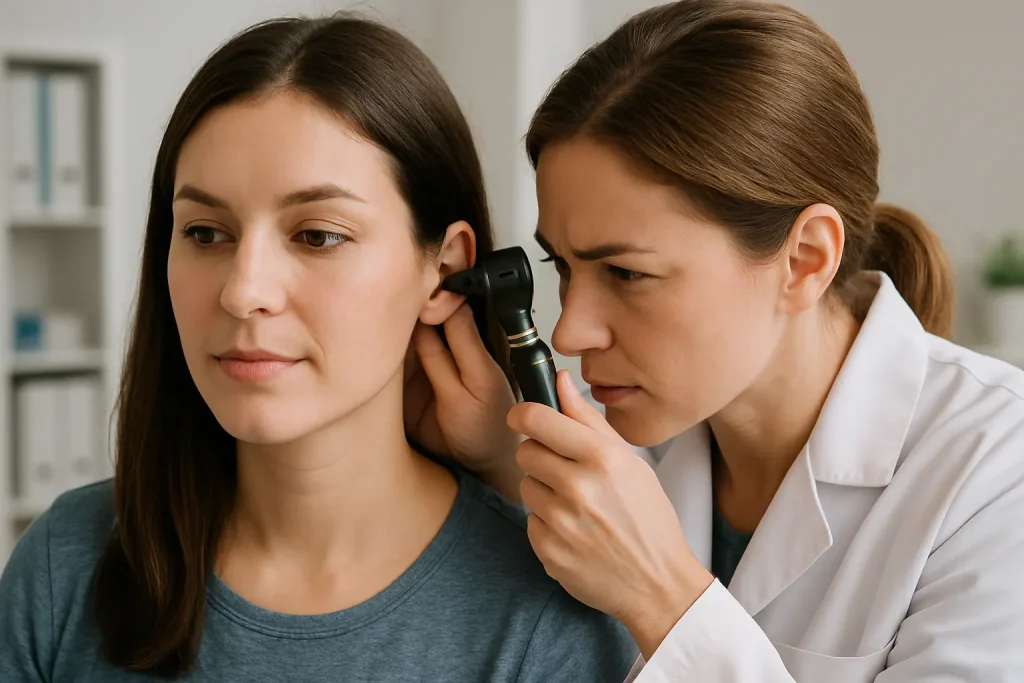 Doctora examinando el oído de una paciente con otoscopio durante consulta médica