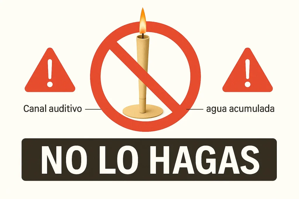dvertencia sobre el uso de velas auriculares con texto NO LO HAGAS y símbolos de peligro