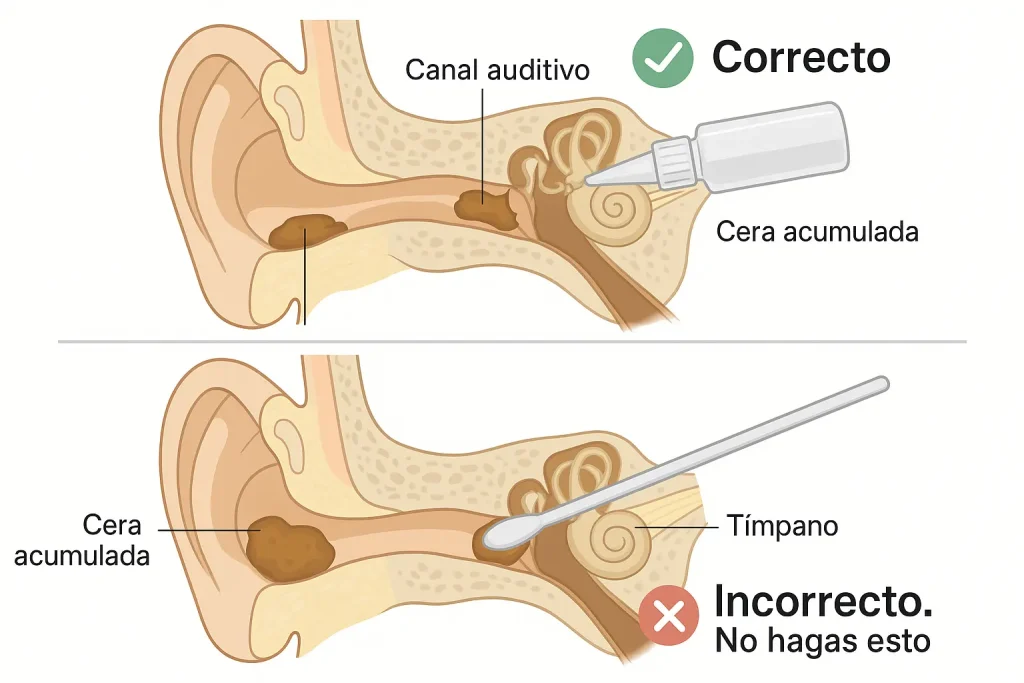 Ilustración médica que muestra el método correcto e incorrecto para tratar un oído tapado con cera